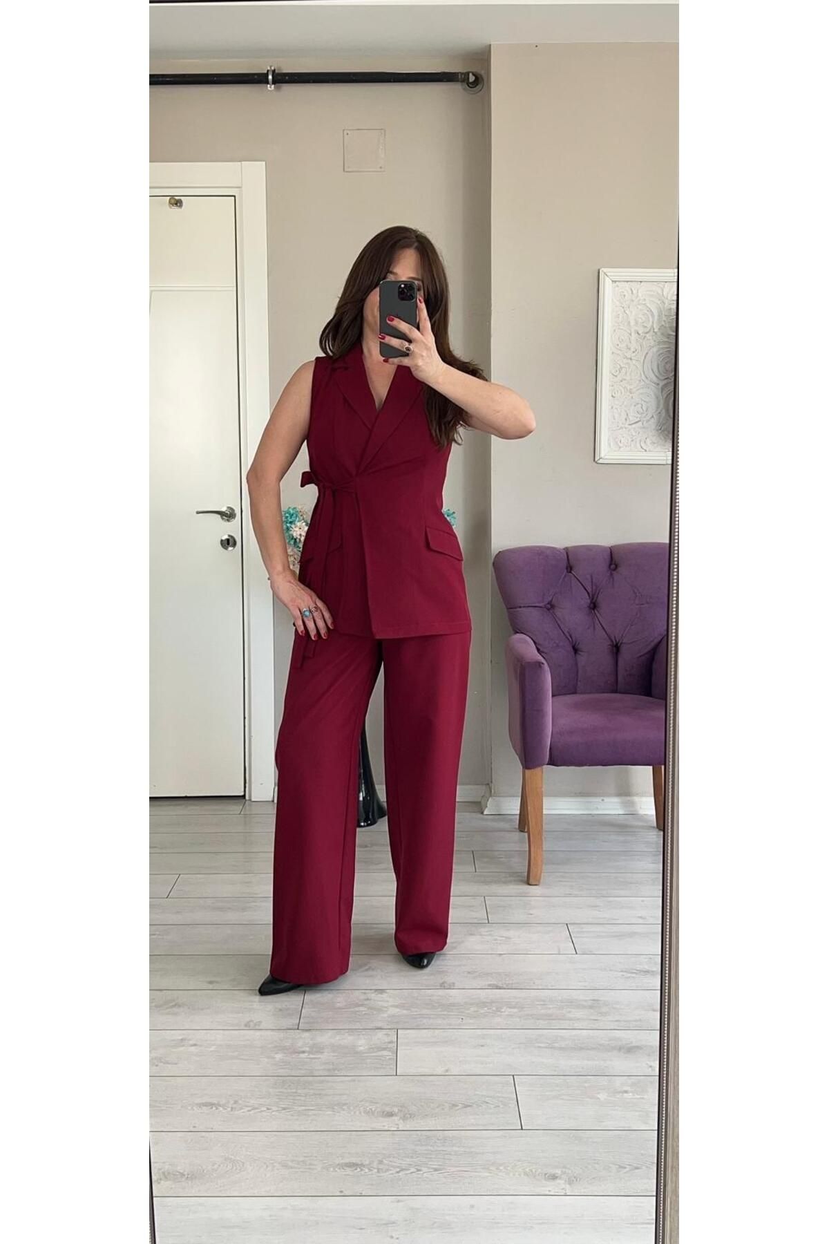 VOSEM BUTİK KUŞAKLI BORDO YELEK PANTOLON TAKIM