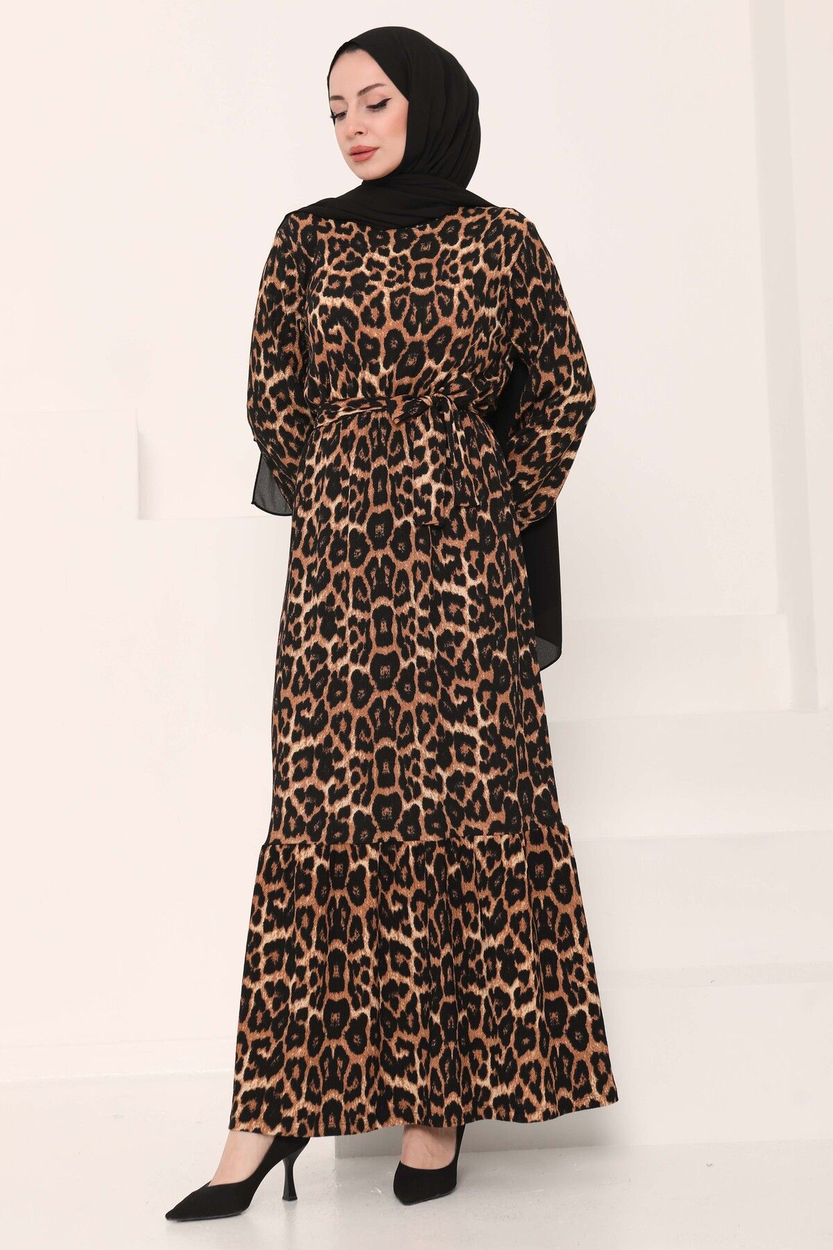 TOFİSA Leopar Desenli Elbise Taba - 27005
