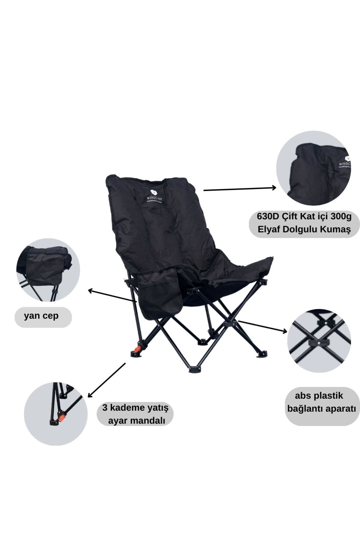 Campsezgin Windcamp Katlanır Kamp Sandalyesi Bel Korunaklı & (65x50x40/90 Cm) Kılıflı