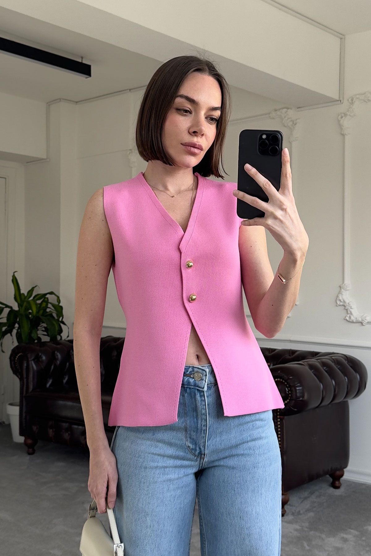 MAGARDE 2 Düğmeli Çelik Örgü Yelek- PEMBE