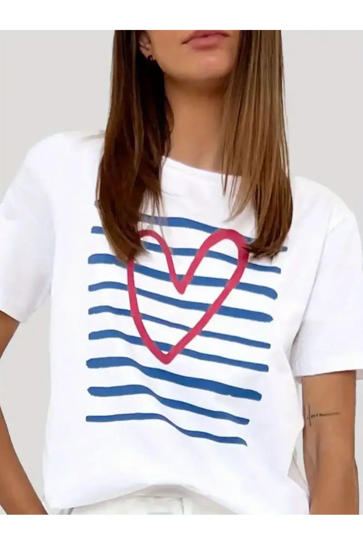 AEMİ Unisex Mavi Çizgili Baskılı %100 Pamuk Oversize T-shirt