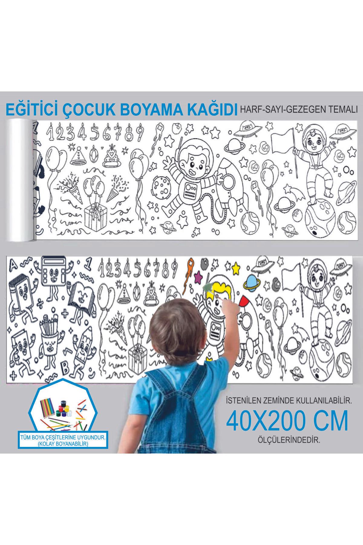 Baskı Madeni EĞİTİCİ HARF-SAYI-GEZEGEN TEMALI RULO BOYAMA KAĞIDI 40X200 CM