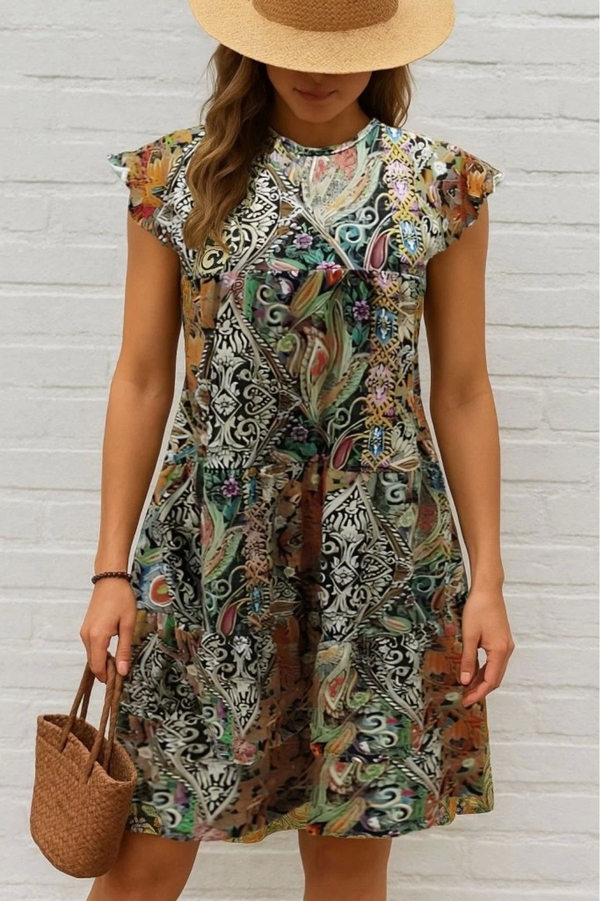 Butik Kadın Kısa Kollu Kolları Fırfırlı Bisiklet Yakalı Kare Desenli Elbise