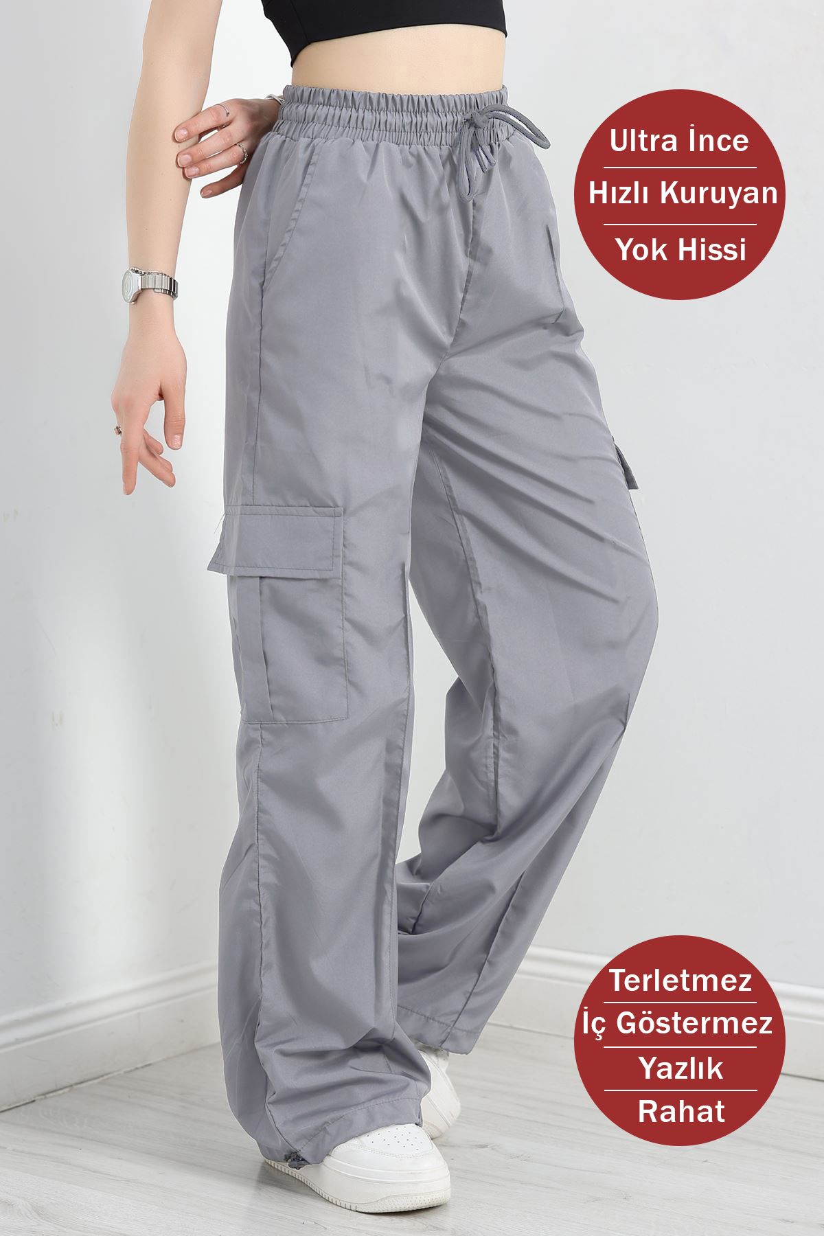 OXVİN Kadın Oversize Paraşüt Kumaş Kargo Cep, Paça Klipsli, Baggy Pantolon