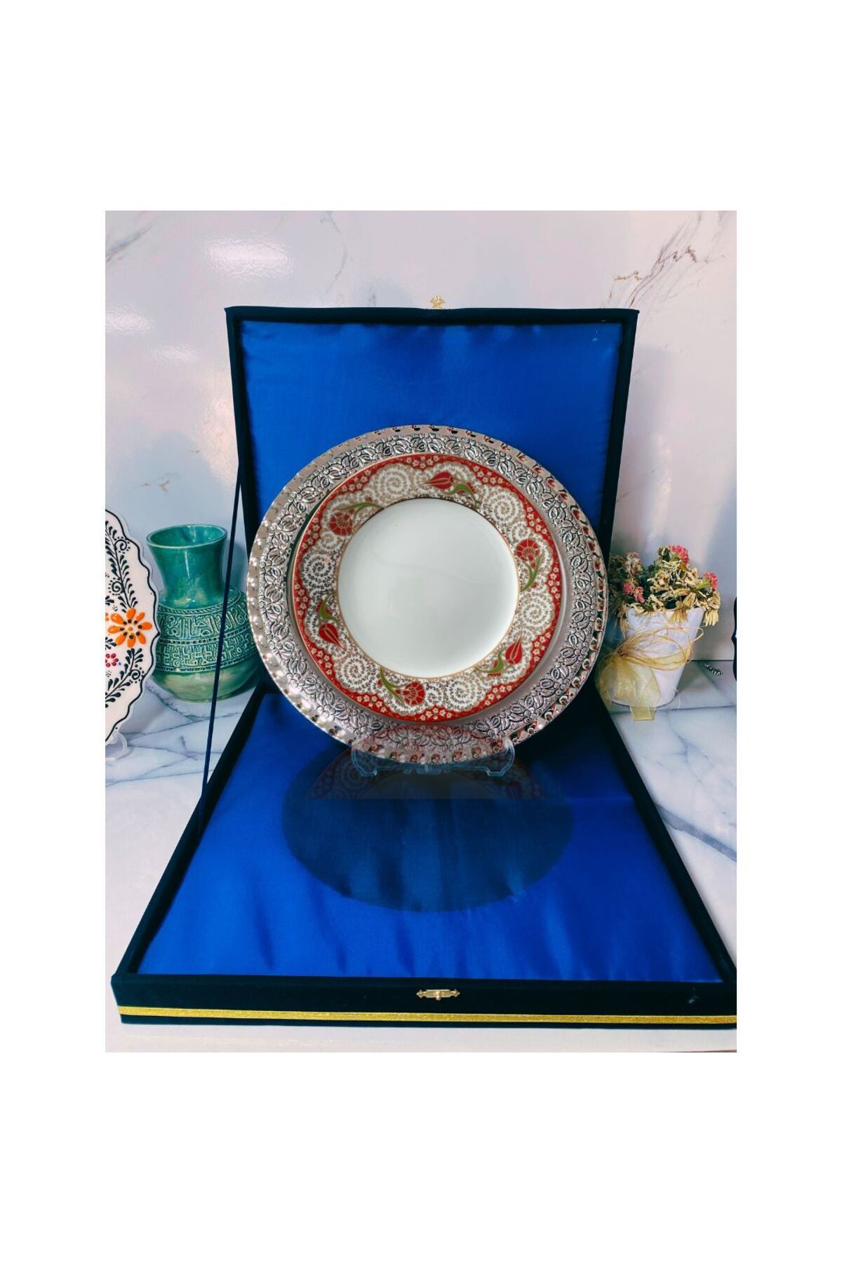 DM PORSELEN GÜMÜŞ TEPSİLİ PLAKET TABAK KADİFE KUTULU