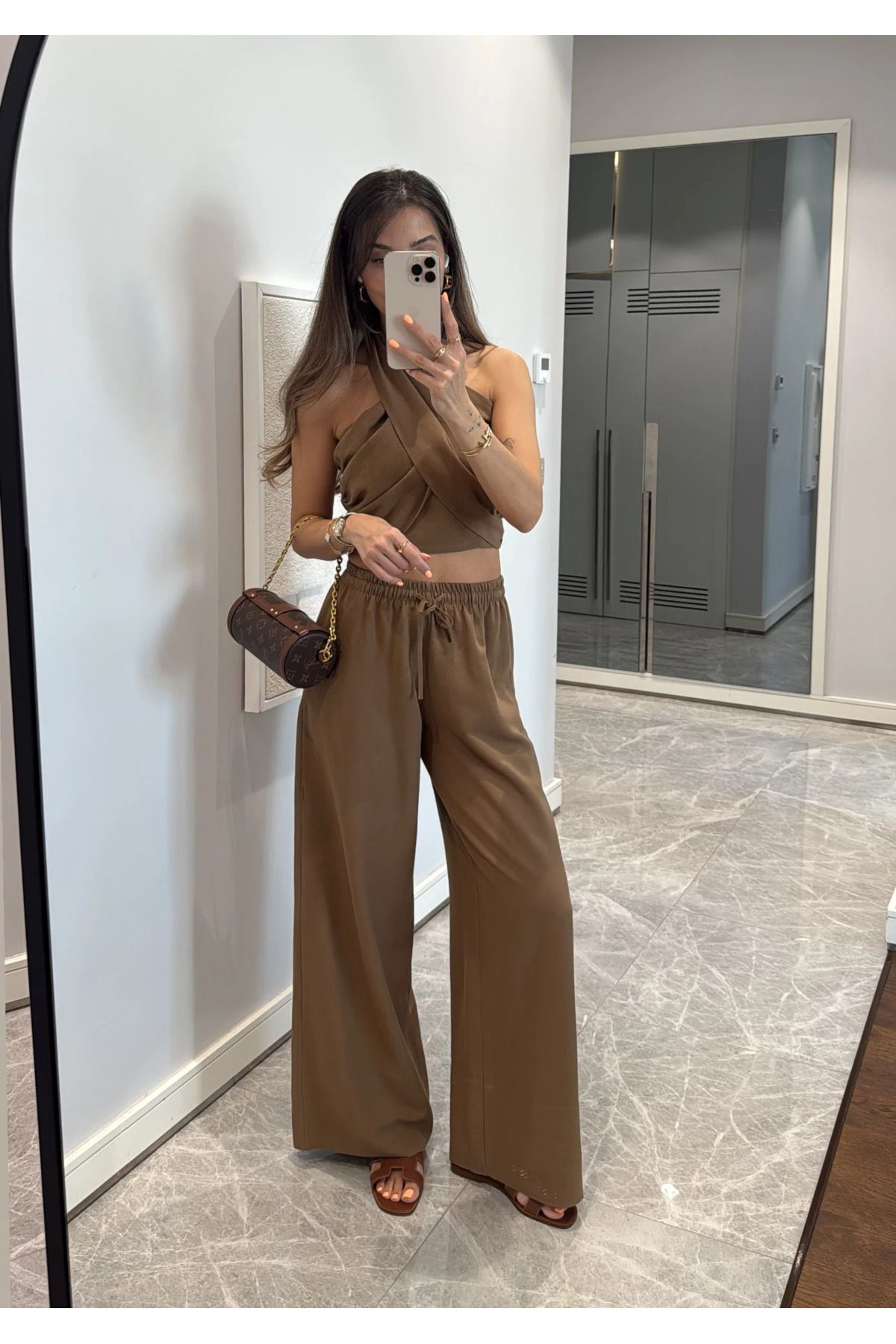 My Blog Kahverengi Boyundan Bağlı Büstiyer Pantolon Takım - 30352