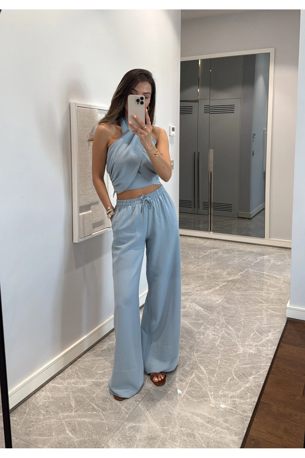 My Blog Mavi Boyundan Bağlı Büstiyer Pantolon Takım - 30352
