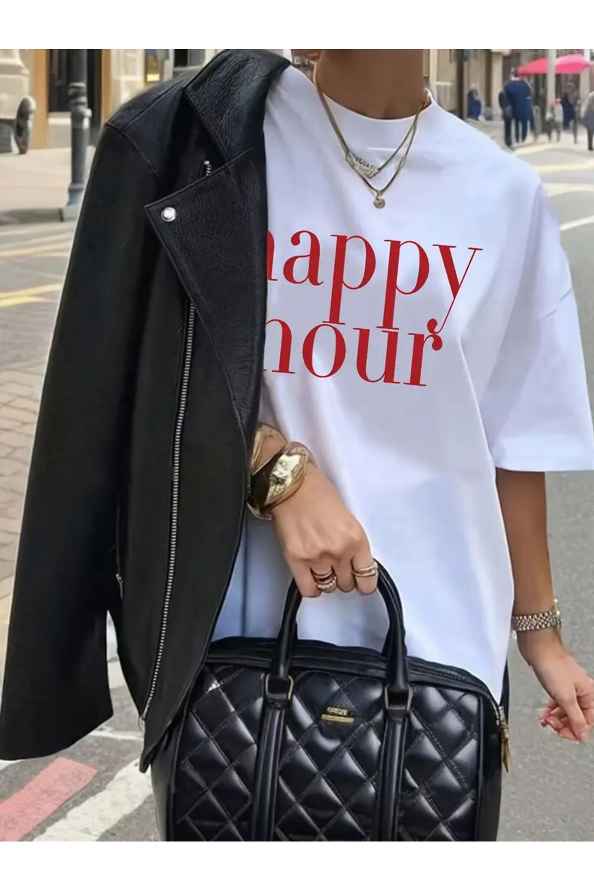 AEMİ Unisex Happy Hour Baskılı %100 Pamuk Oversize T-shirt