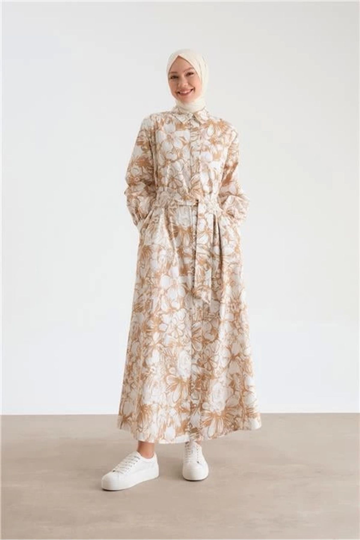 aradimtaradim Beli Bağlamalı Desenli Elbise 24Y9840 Camel