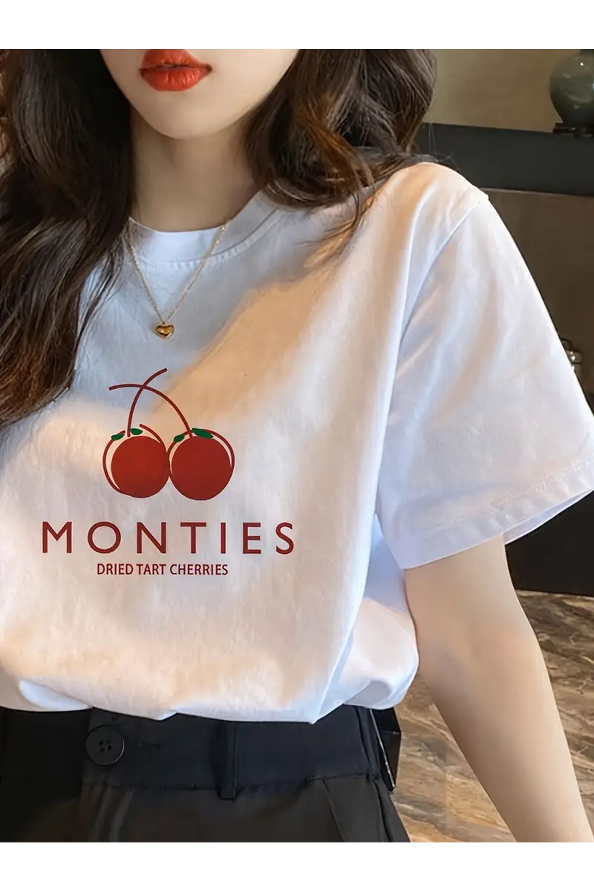 AEMİ Unisex Kiraz Baskılı %100 Pamuk Oversize T-shirt