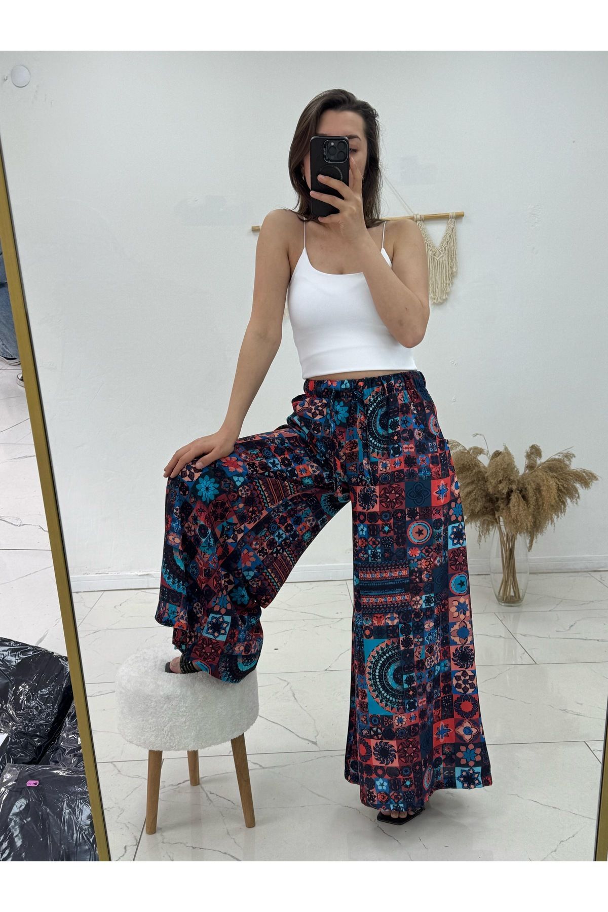 TEXTURA Beli Lastikli Desenli Pantolon - Dokuma Kumaş - Bol Paça ve Şık