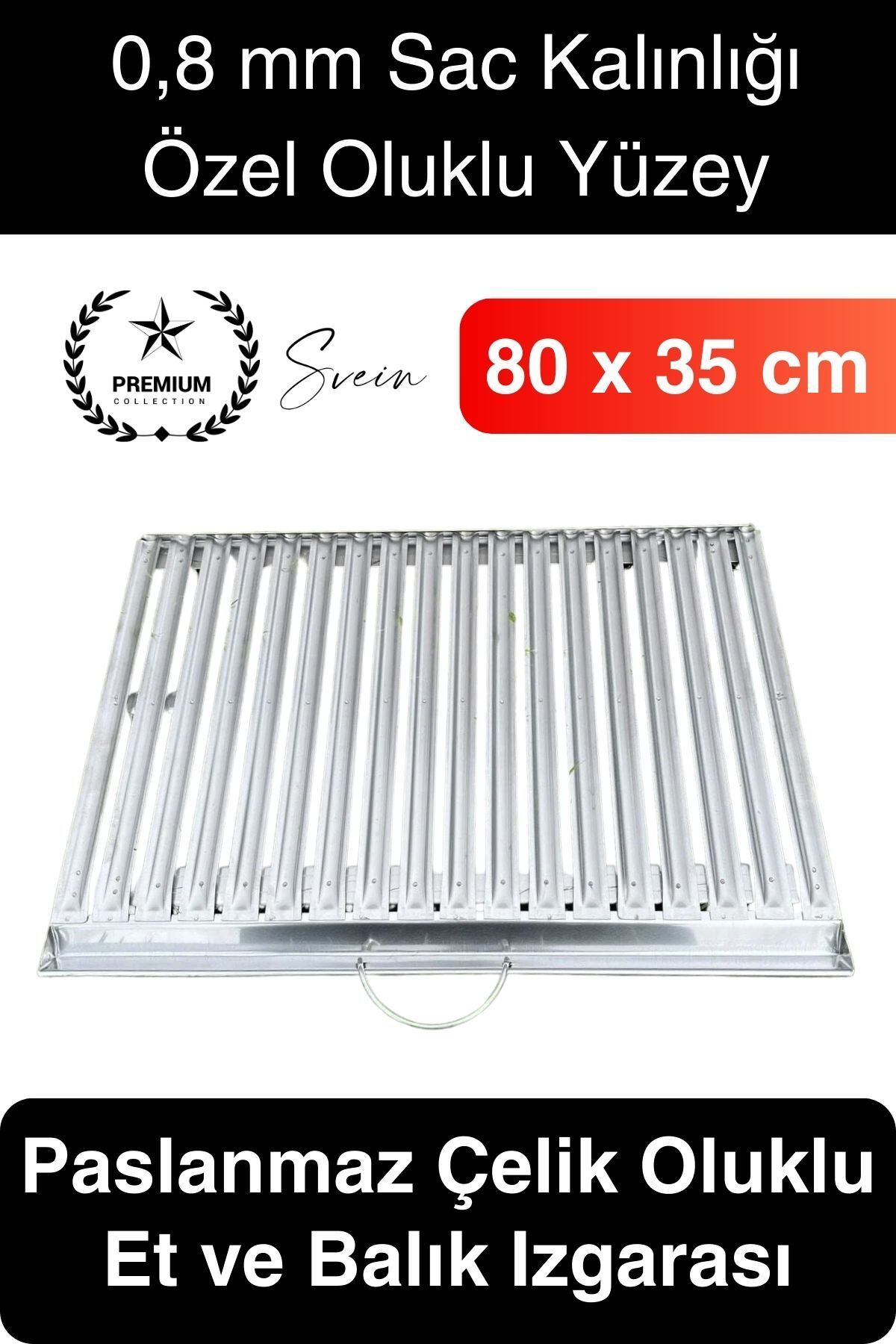 Svein Premium 80 x 35 cm Paslanmaz Çelik 0,8 Kalın Oluklu Izgara Mangal Piknik Kamp Et Balık Kebap Pişirme
