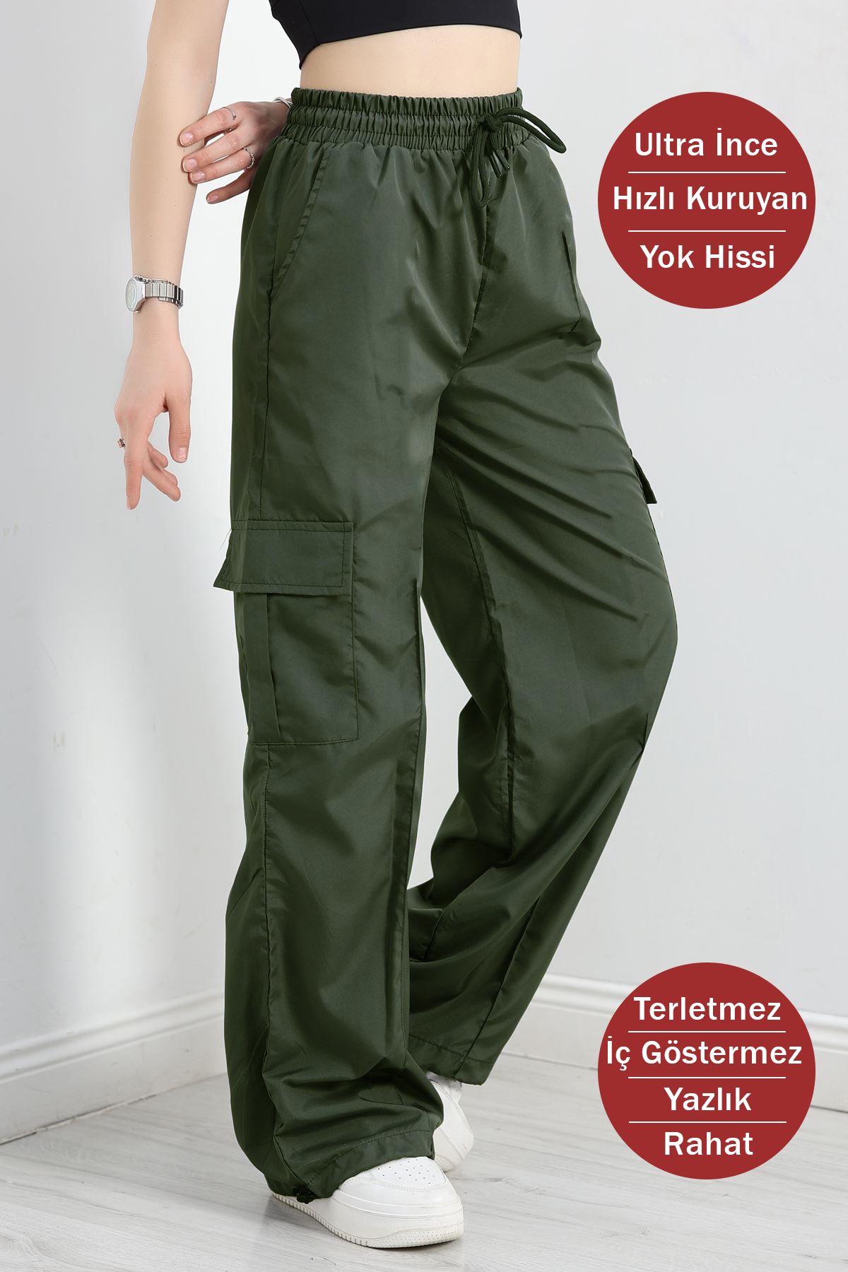 OXVİN Kadın Oversize Paraşüt Kumaş Kargo Cep, Paça Klipsli, Baggy Pantolon