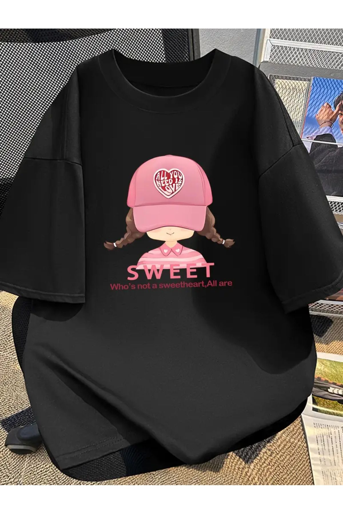 AEMİ Unisex Şapka Sweet Baskılı %100 Pamuk Oversize T-shirt