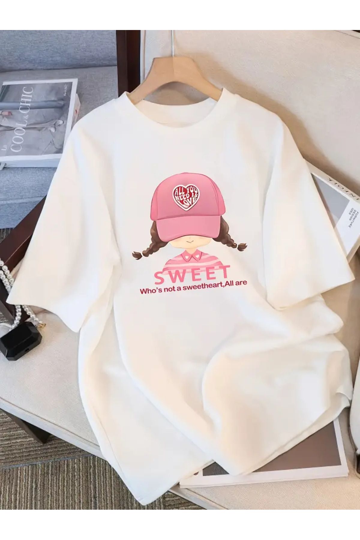 AEMİ Unisex Şapka Sweet Baskılı %100 Pamuk Oversize T-shirt
