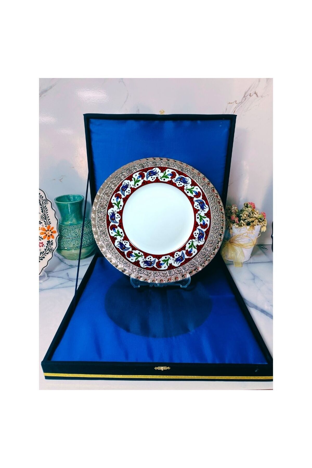 DM PORSELEN GÜMÜŞ TEPSİLİ PLAKET TABAK KADİFE KUTULU