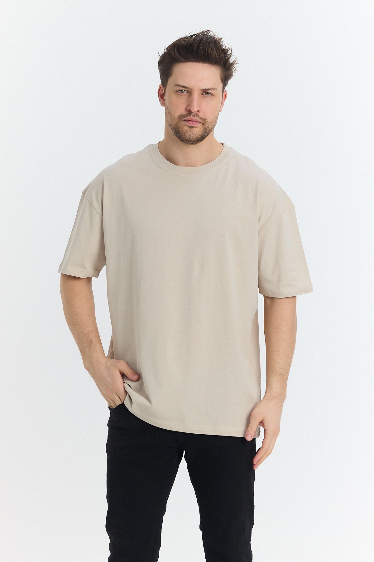 Windy Island Erkek Taş Rengi Bisiklet Yaka Basic Oversize T-shirt