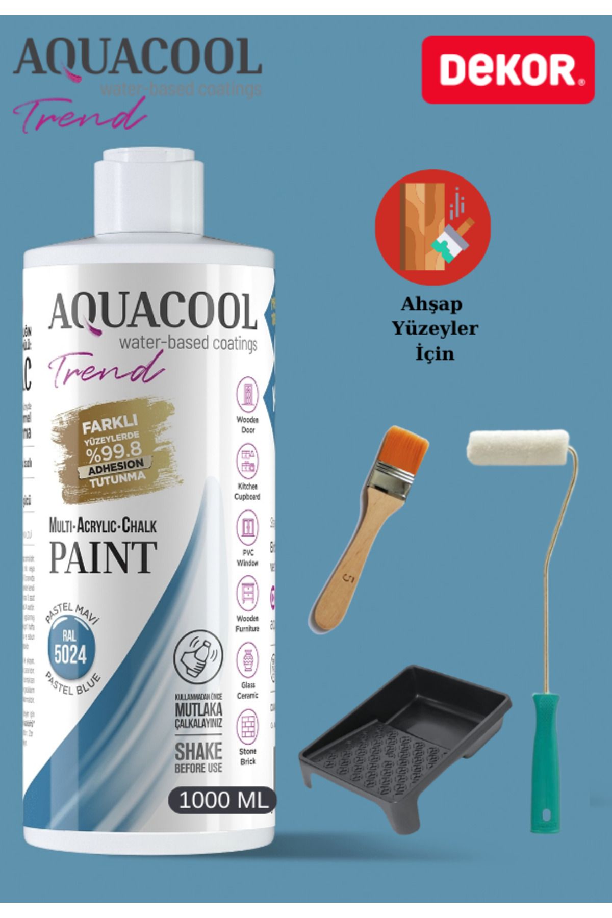 Aquacool Trend Aquacool 1000 ml Ahşap Dönüşüm Boyama Seti Kadife Rulo, Boyacı Tavası, Fırça Ral 5024 Dolap Boyası