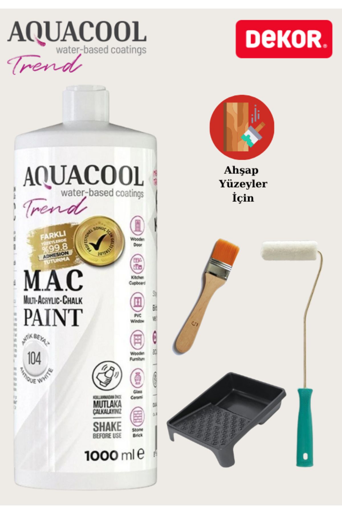 Aquacool Trend Aquacool 1000 ml Ahşap Dönüşüm Boyama Seti Kadife Rulo, Boyacı Tavası, Fırça Antik Beyaz Dolap Boya
