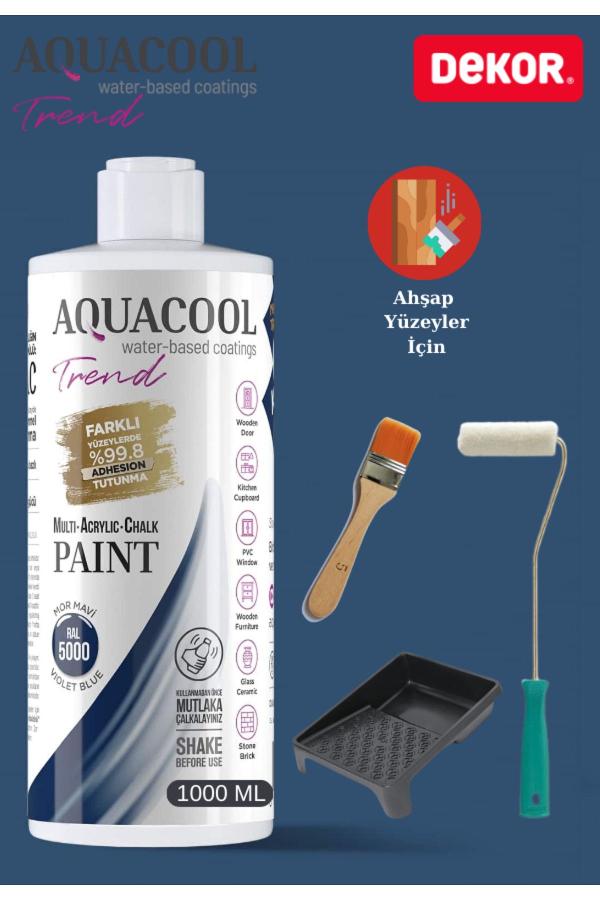 Aquacool Trend Aquacool 1000 ml Ahşap Dönüşüm Boyama Seti Kadife Rulo, Boyacı Tavası, Fırça Ral 5000 Dolap Boyası