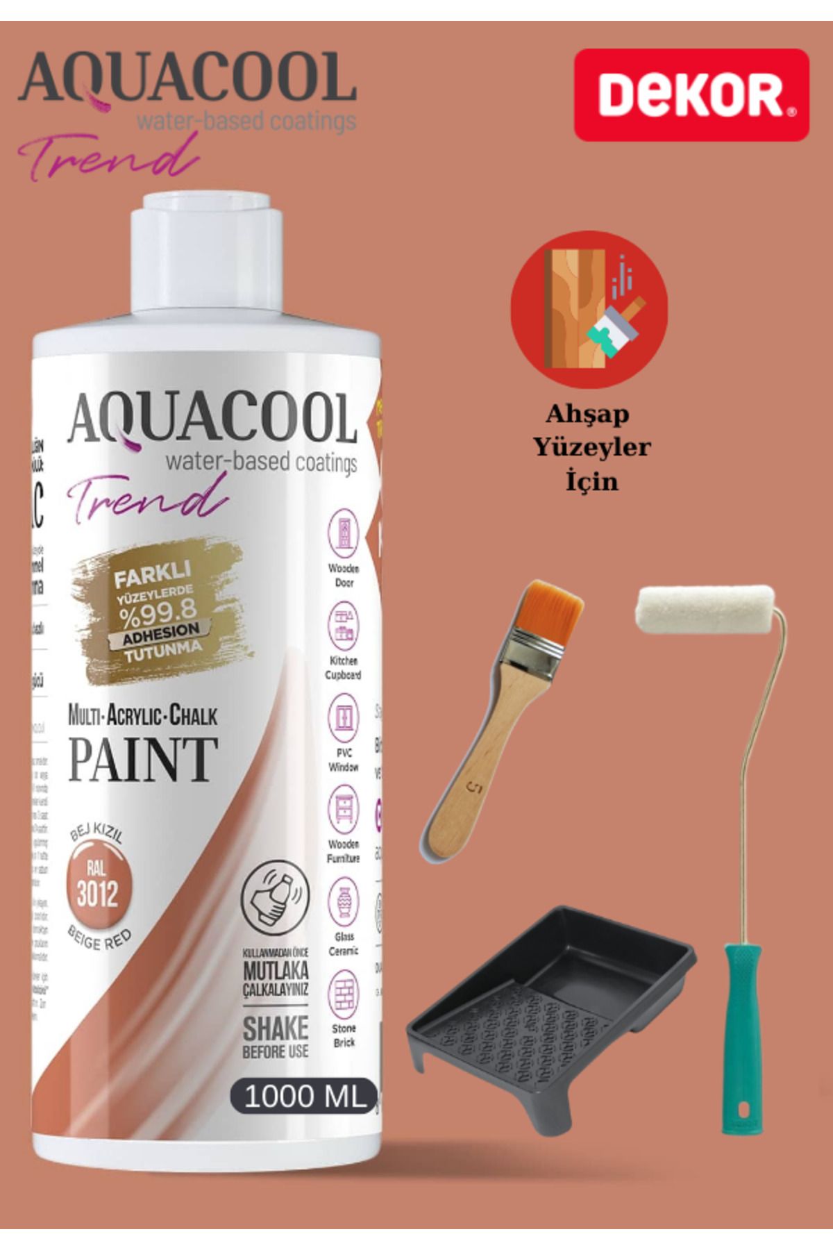 Aquacool Trend Aquacool 1000 ml Ahşap Dönüşüm Boyama Seti Kadife Rulo, Boyacı Tavası, Fırça Ral 3012 Dolap Boyası