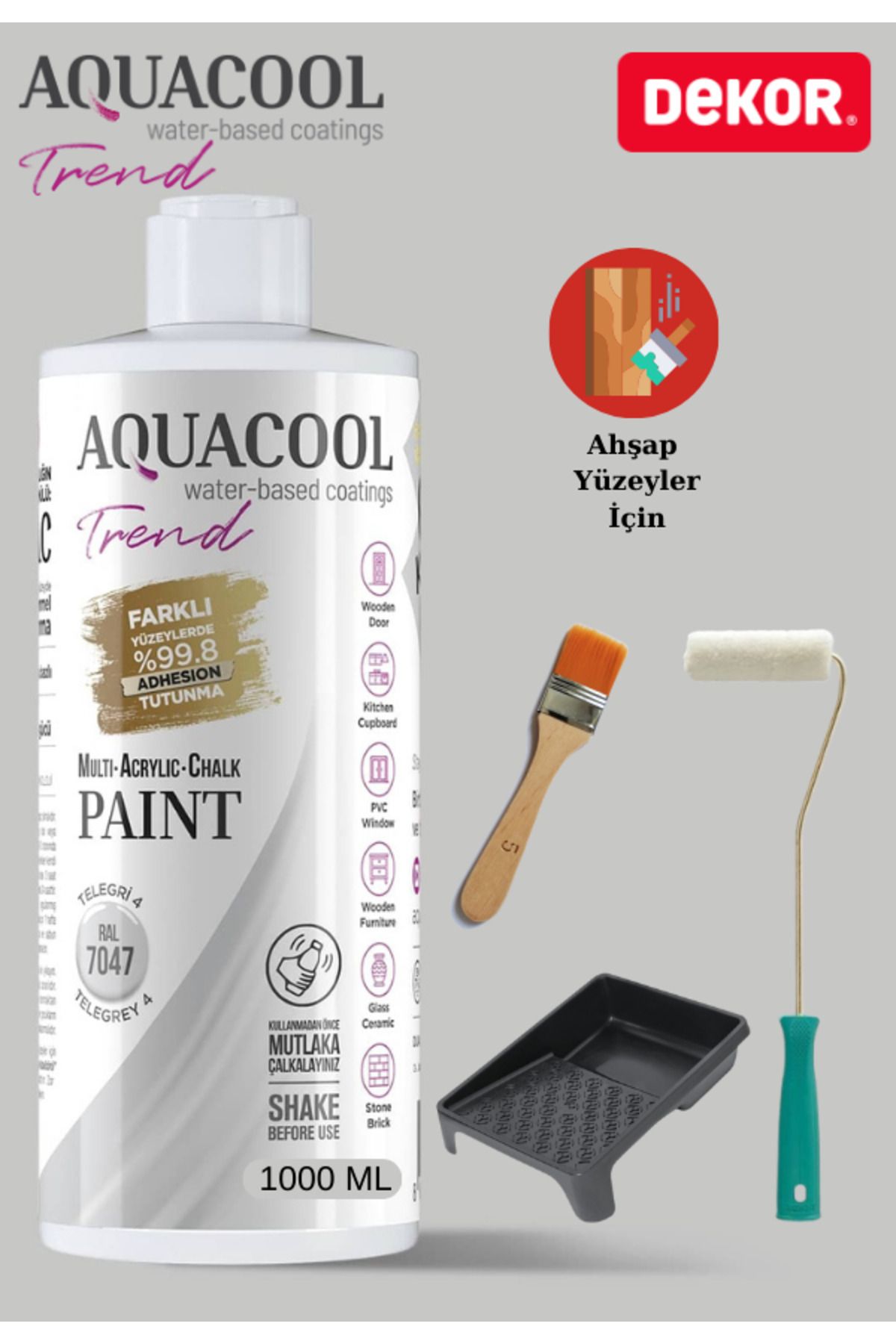 Aquacool Trend Aquacool 1000 ml Ahşap Dönüşüm Boyama Seti Kadife Rulo, Boyacı Tavası, Fırça Ral 7044 Dolap Boyası