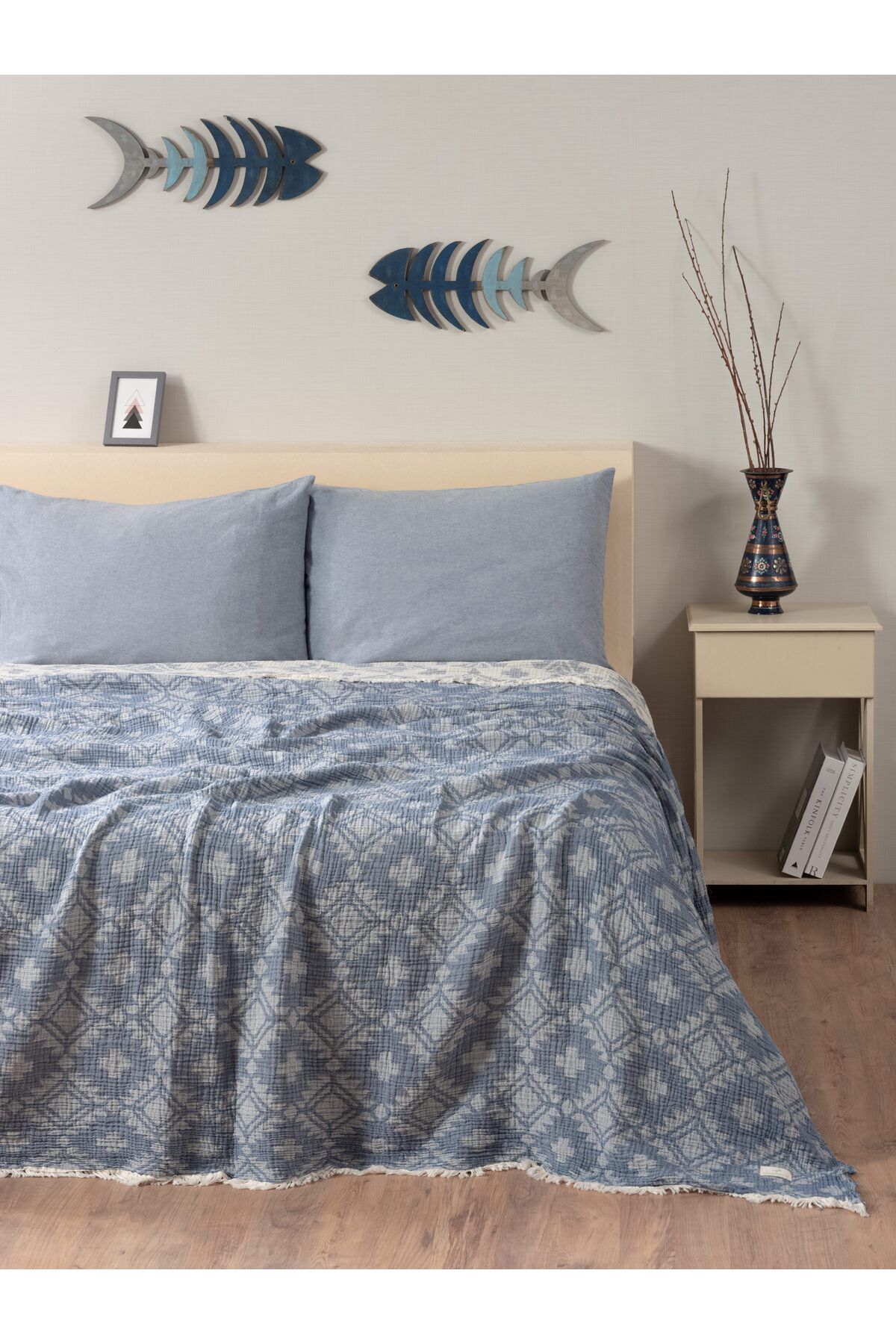 MYLASA HOME Müslin 4 Katlı Aztec Desenli (Jakarlı) Çift Kişilik Yatak Örtüsü-Yazlık Pike 220x240cm