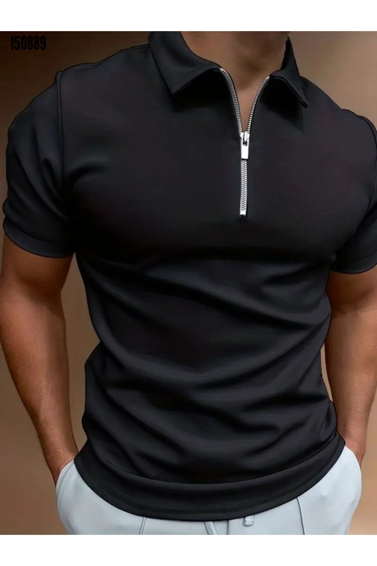 moda wanilia Erkek Fermuar Detaylı Polo Yaka Old Money T-shirt