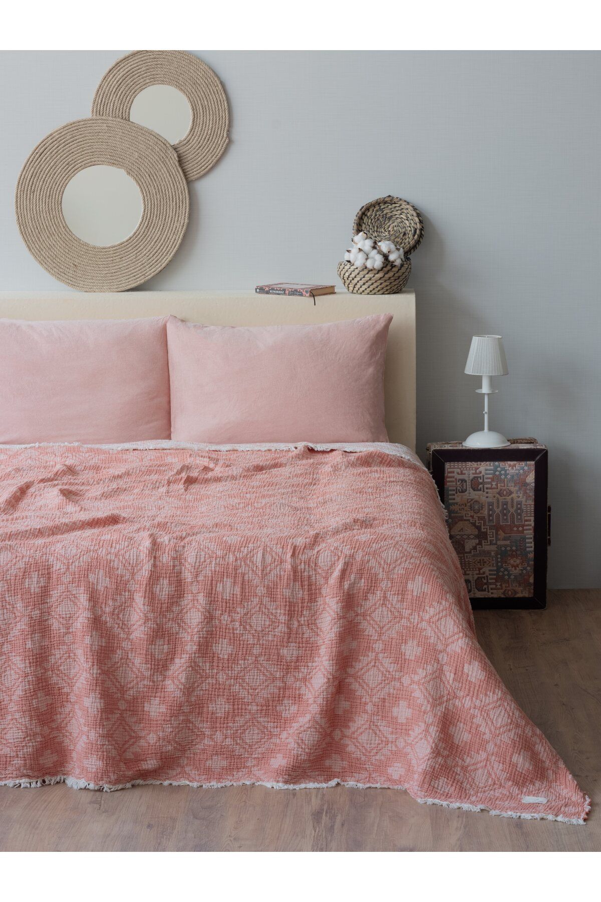 MYLASA HOME Müslin 4 Katlı Aztec Desenli (Jakarlı) Çift Kişilik Yatak Örtüsü-Yazlık Pike 220x240cm