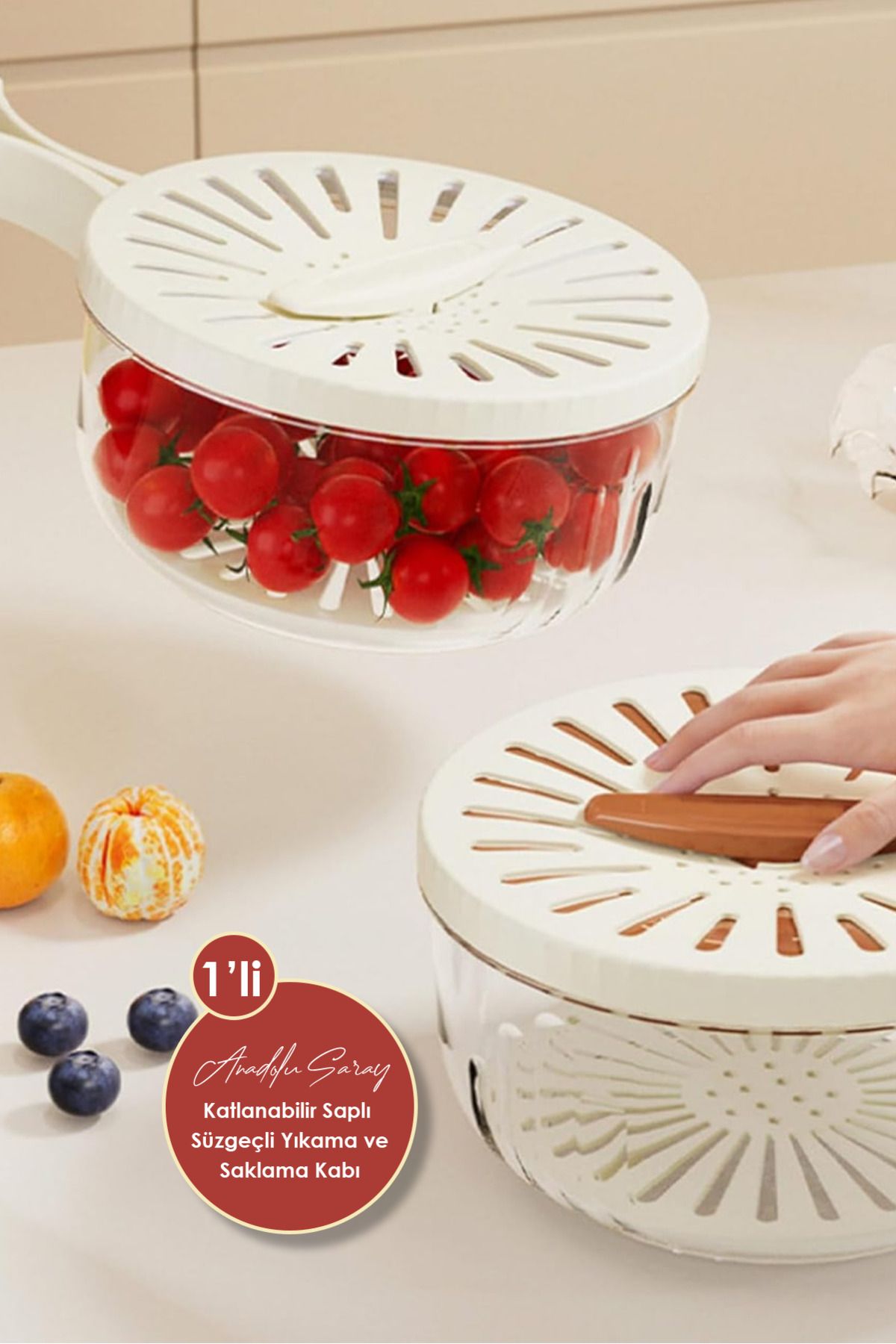 Anadolu Saray-Luxury Foldable Fruit Vegetable Pulses Washing and Storage Container with Handle Drainer 4