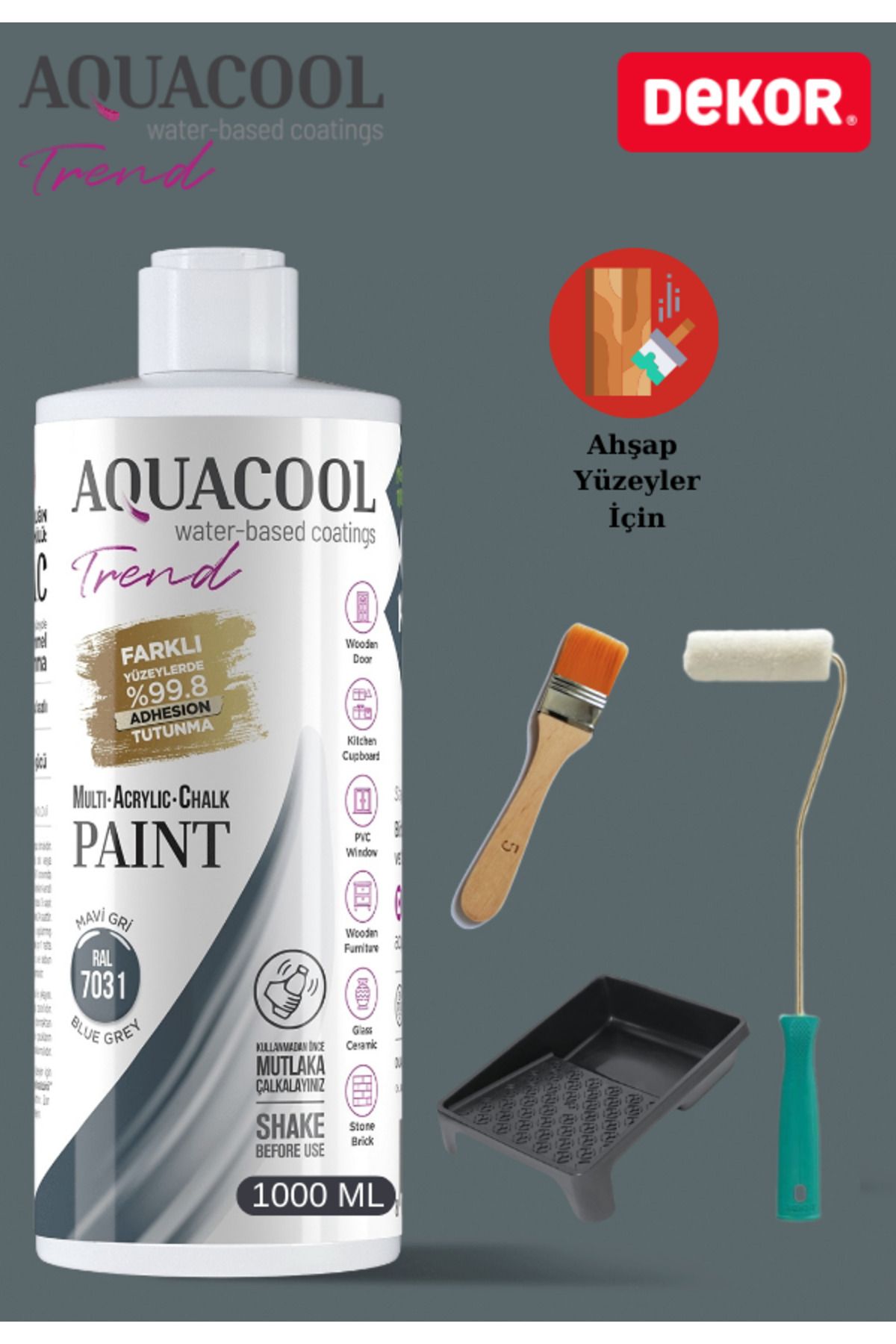 Aquacool Trend Aquacool 1000 ml Ahşap Dönüşüm Boyama Seti Kadife Rulo, Boyacı Tavası, Fırça Ral 7031 Dolap Boyası