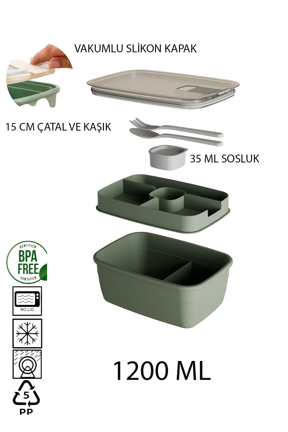Citim Silikon Kapak Vakumlu Kaşık Çatallı Sosluklu Bölmeli Beslenme Çantası-2 Katlı Lunch Box-Sefer Tası