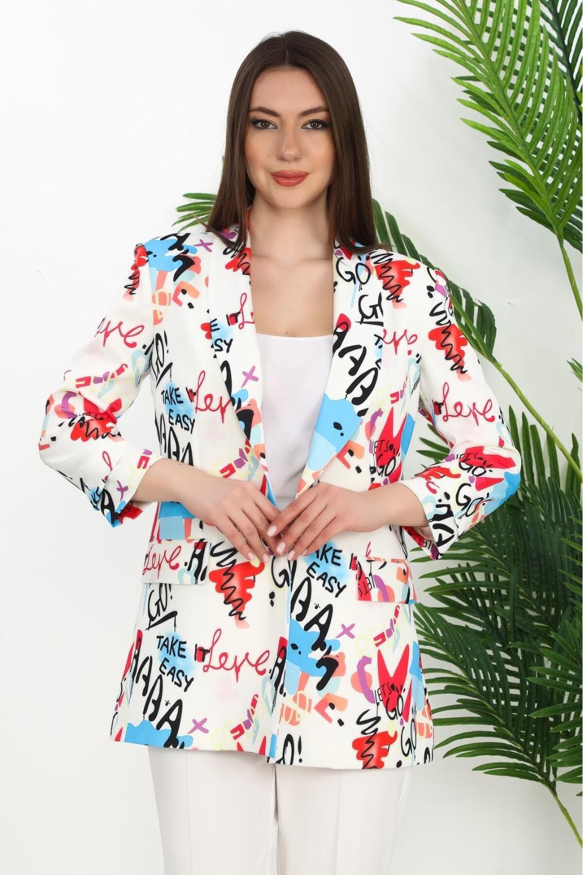GND TEKSTİL Gnd Kadın Renkli Desenli Oversize Blazer Ceket