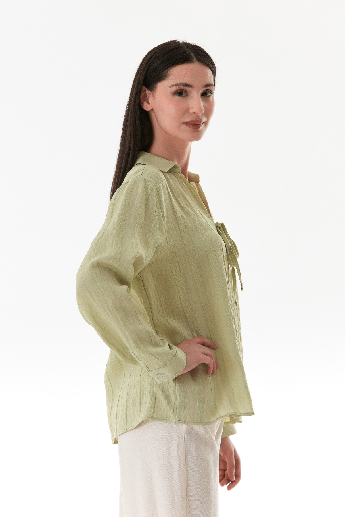 Fullamoda  Önü Bağlamalı Düğmeli Salaş Gömlek - Görsel 4