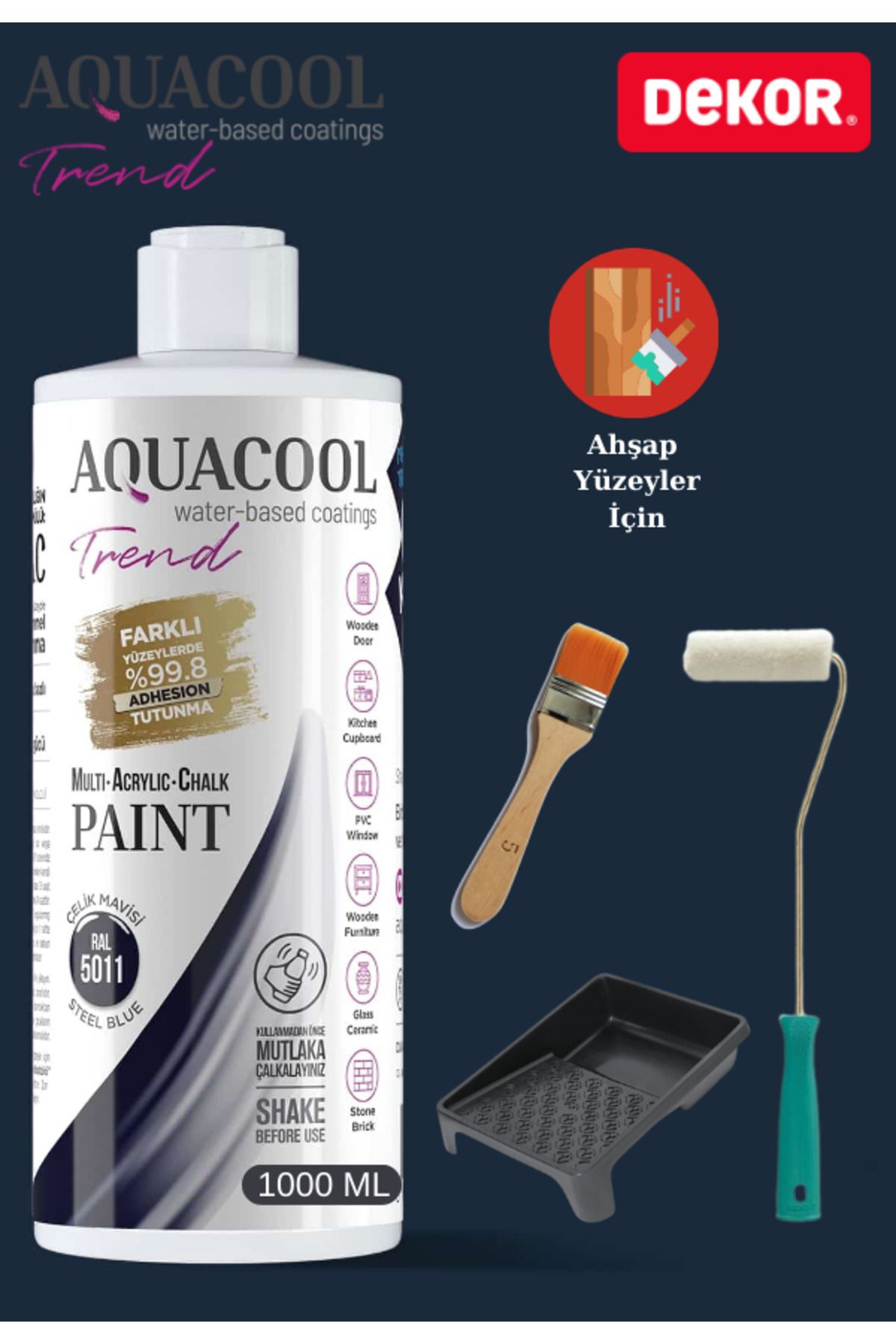 Aquacool Trend Aquacool 1000 ml Ahşap Dönüşüm Boyama Seti Kadife Rulo, Boyacı Tavası, Fırça Ral 5011 Dolap Boyası