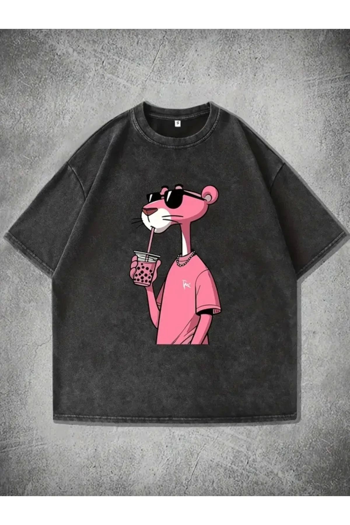 Violon Pembe Panter Baskı Detaylı Oversize Unisex Kısa Kol Tshirt