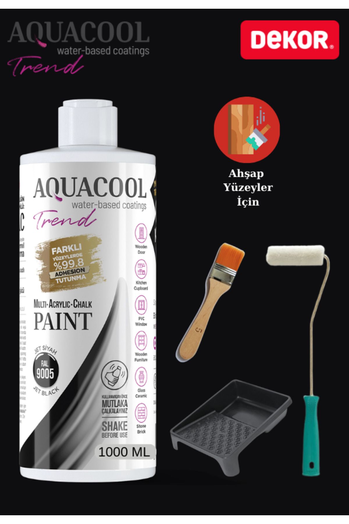 Aquacool Trend Aquacool 1000 ml Ahşap Dönüşüm Boyama Seti Kadife Rulo, Boyacı Tavası, Fırça Ral 7047 Dolap Boyası