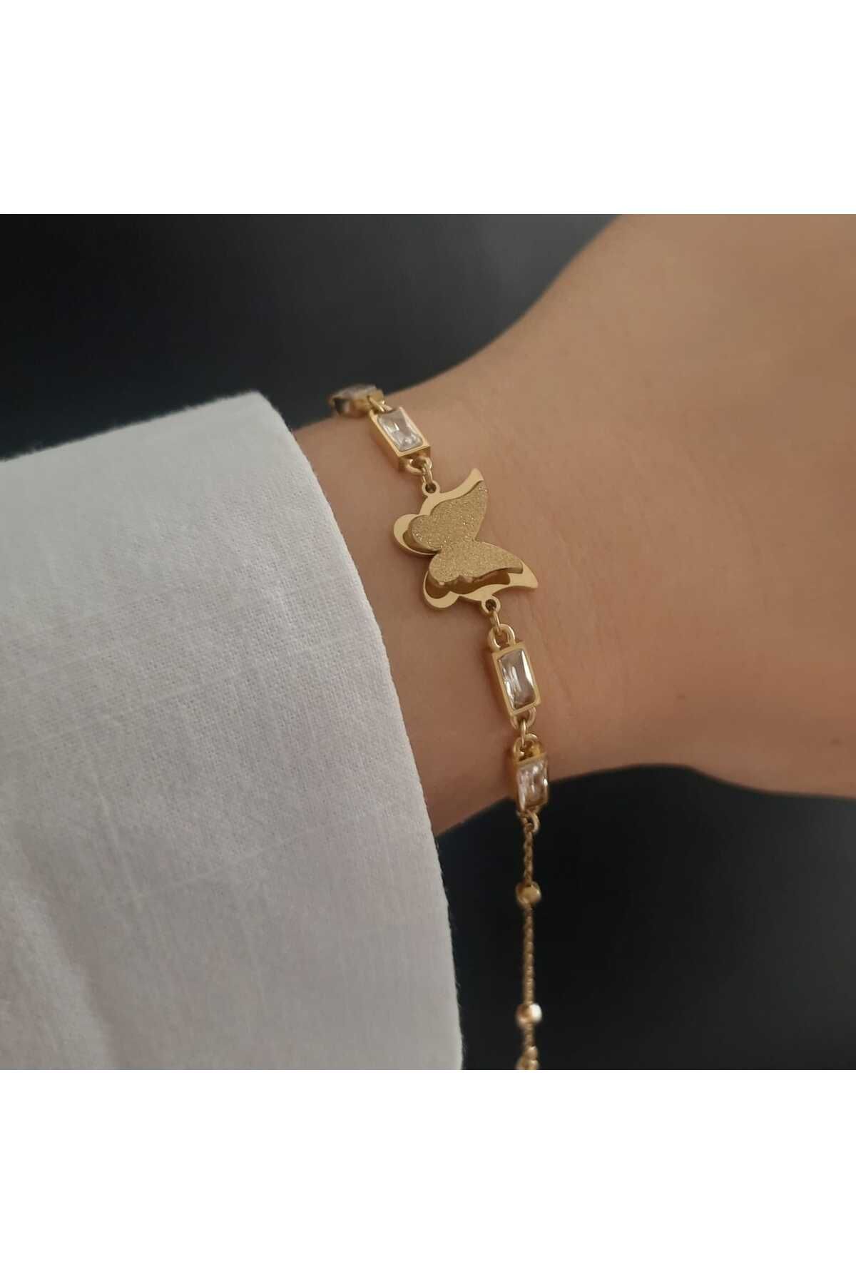 Betül Çekiç Çelik Gold Renk Taşlı Kelebek Kadın Bileklik