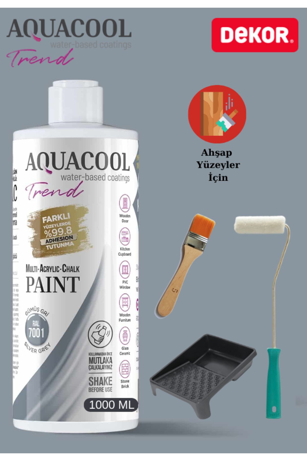 Aquacool Trend Aquacool 1000 ml Ahşap Dönüşüm Boyama Seti Kadife Rulo, Boyacı Tavası, Fırça Ral 7001 Dolap Boyası