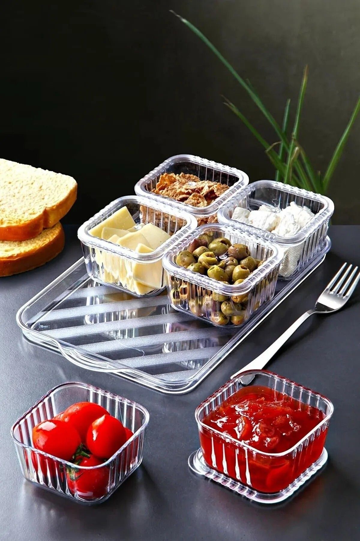 MintyCo Tepsili 6 Bölmeli 13 Parça Kahvaltılık Seti Kapaklı Akrilik Kahvaltı Sunum Takımı