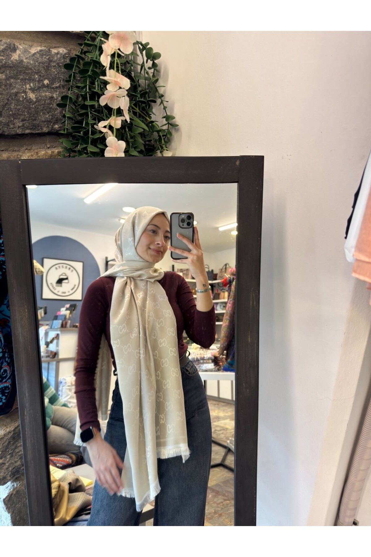 FREZYA G Desen çift taraflı ipeksi jakar şal