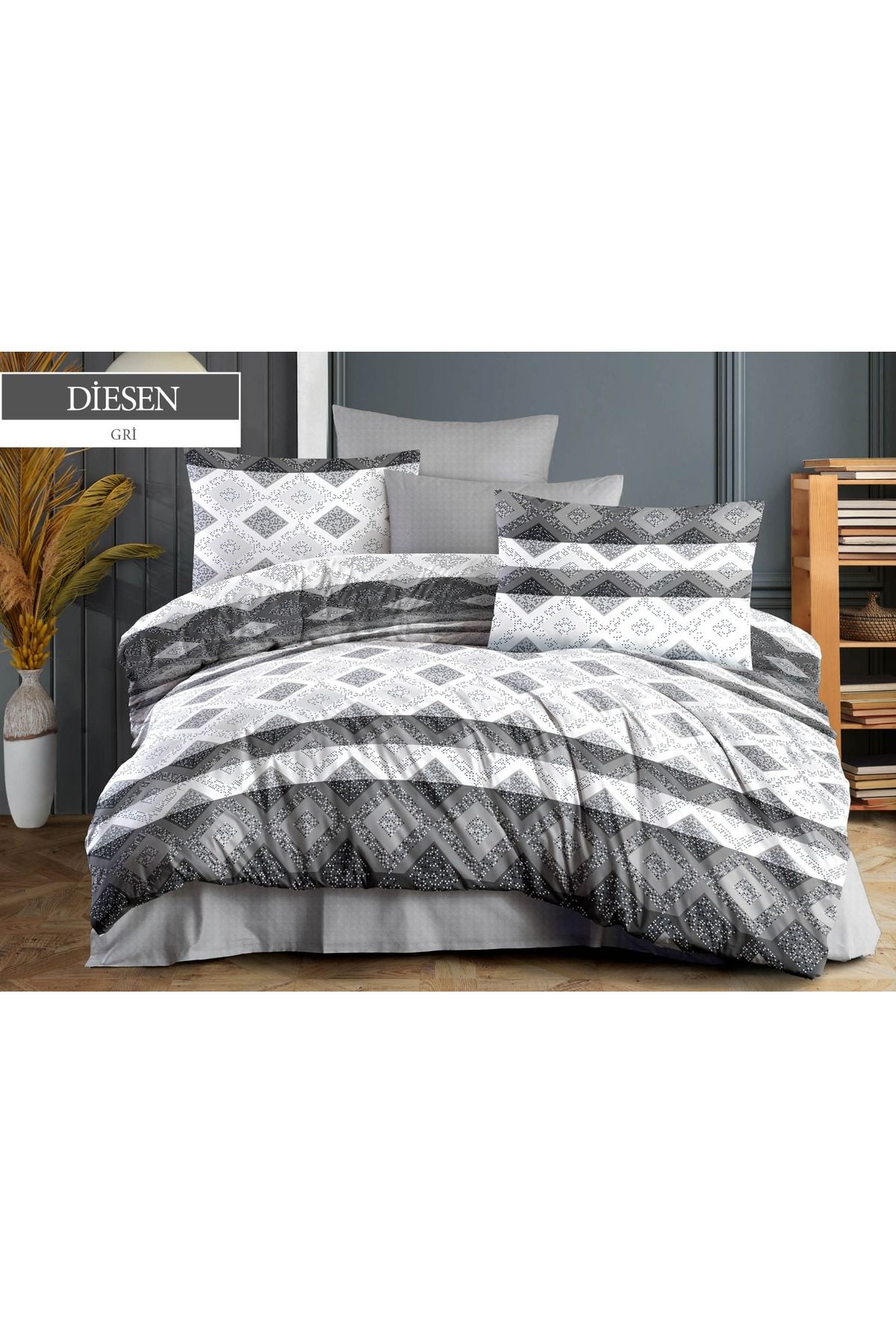 JOLLY HOME Gri Baklava Desenli Çift Kişilik Nevresim Takımı - Konforlu ve Modern Tasarım - 4 Parça