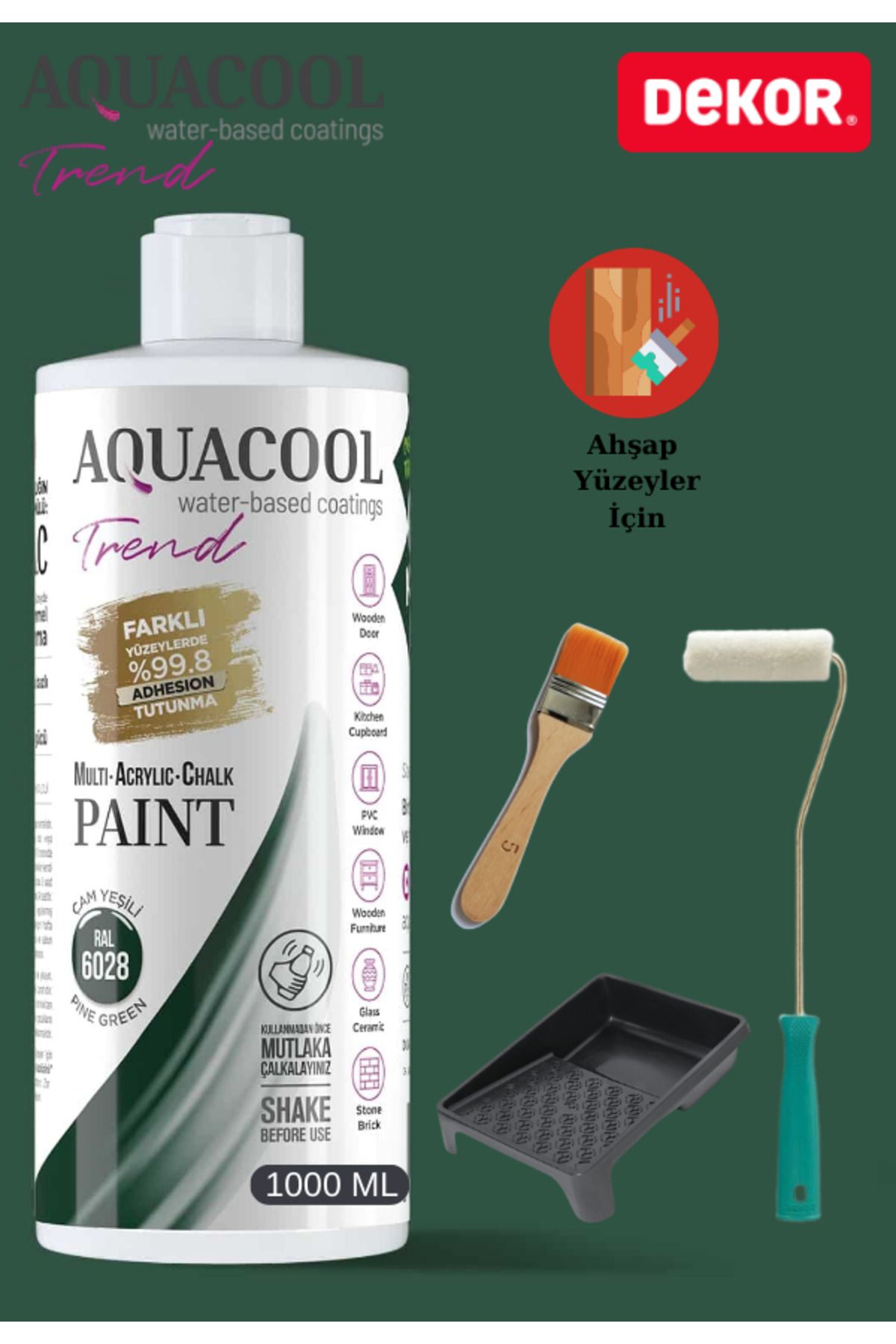 Aquacool Trend Aquacool 1000 ml Ahşap Dönüşüm Boyama Seti Kadife Rulo, Boyacı Tavası, Fırça Ral 6028 Dolap Boyası