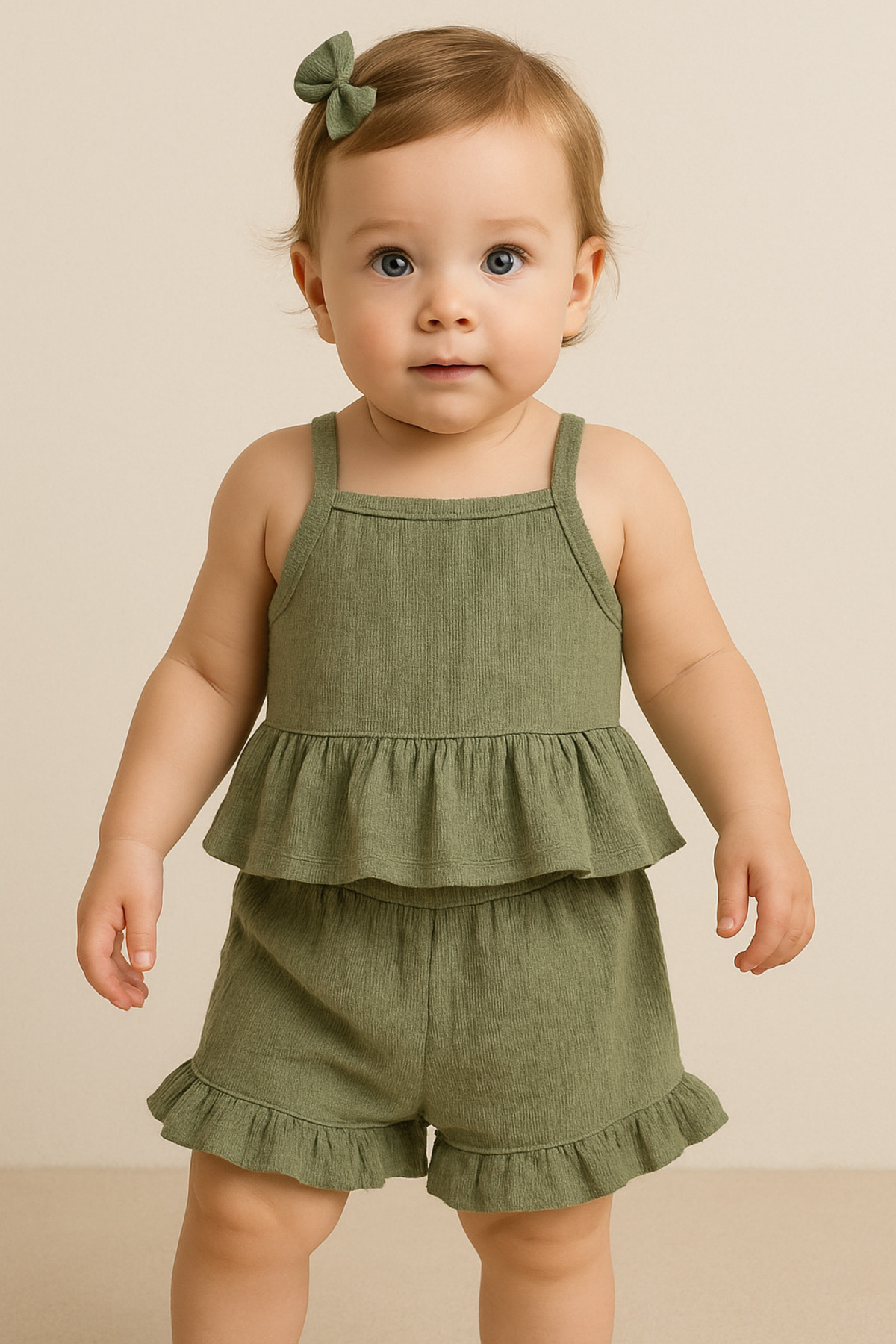 AKİF GİYİM KIZ BEBEK & ÇOCUK BÜRÜMCÜK KUMAŞ FIRFIRLI ŞORT ALT ÜST TAKIMI fotoğrafı 3 (önizleme)