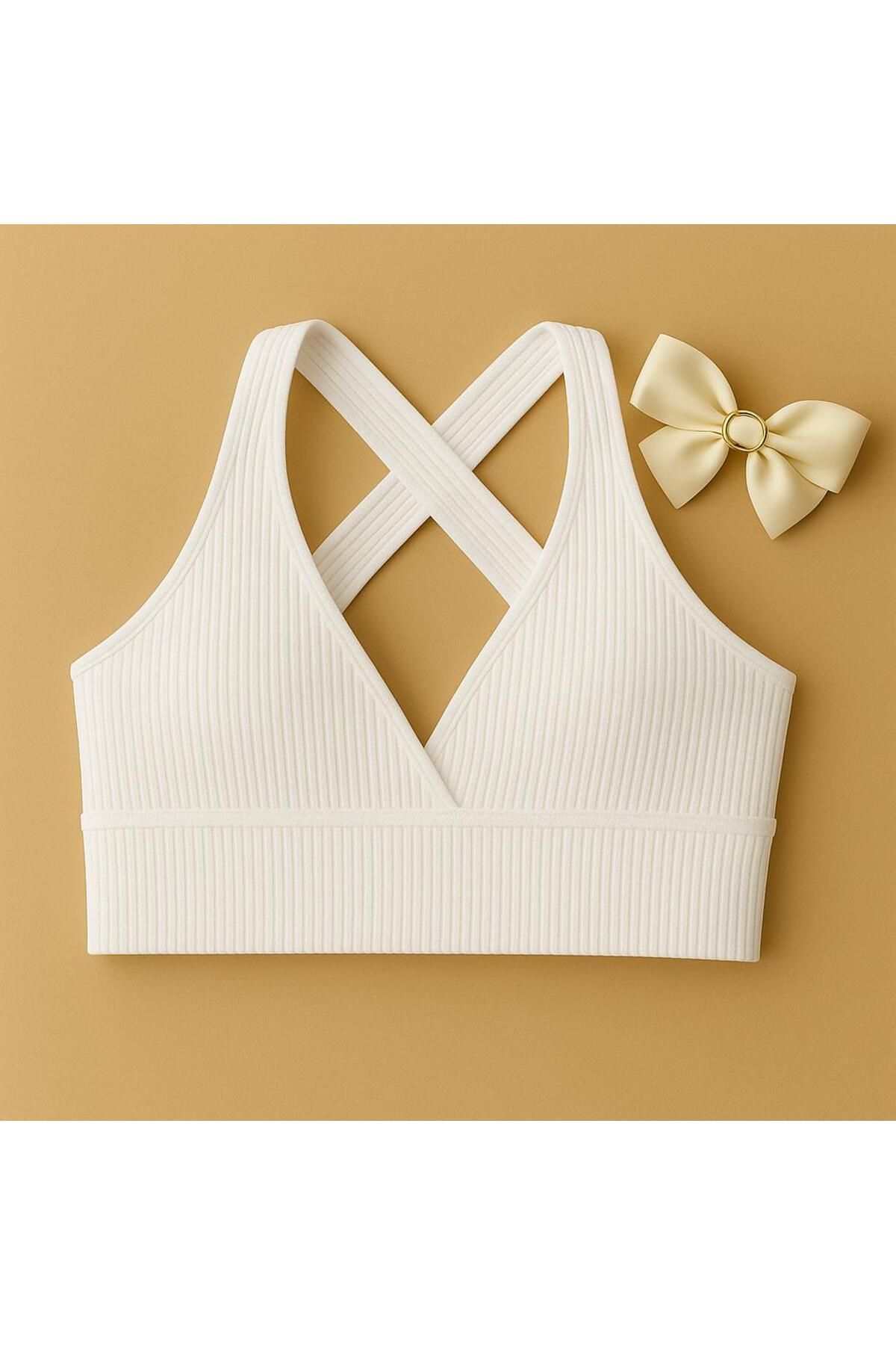 Stail Moda Kadın Sarı Kaşkorse KUMAŞ Çapraz Sırt Detaylı Şık Crop Top Bluz2025