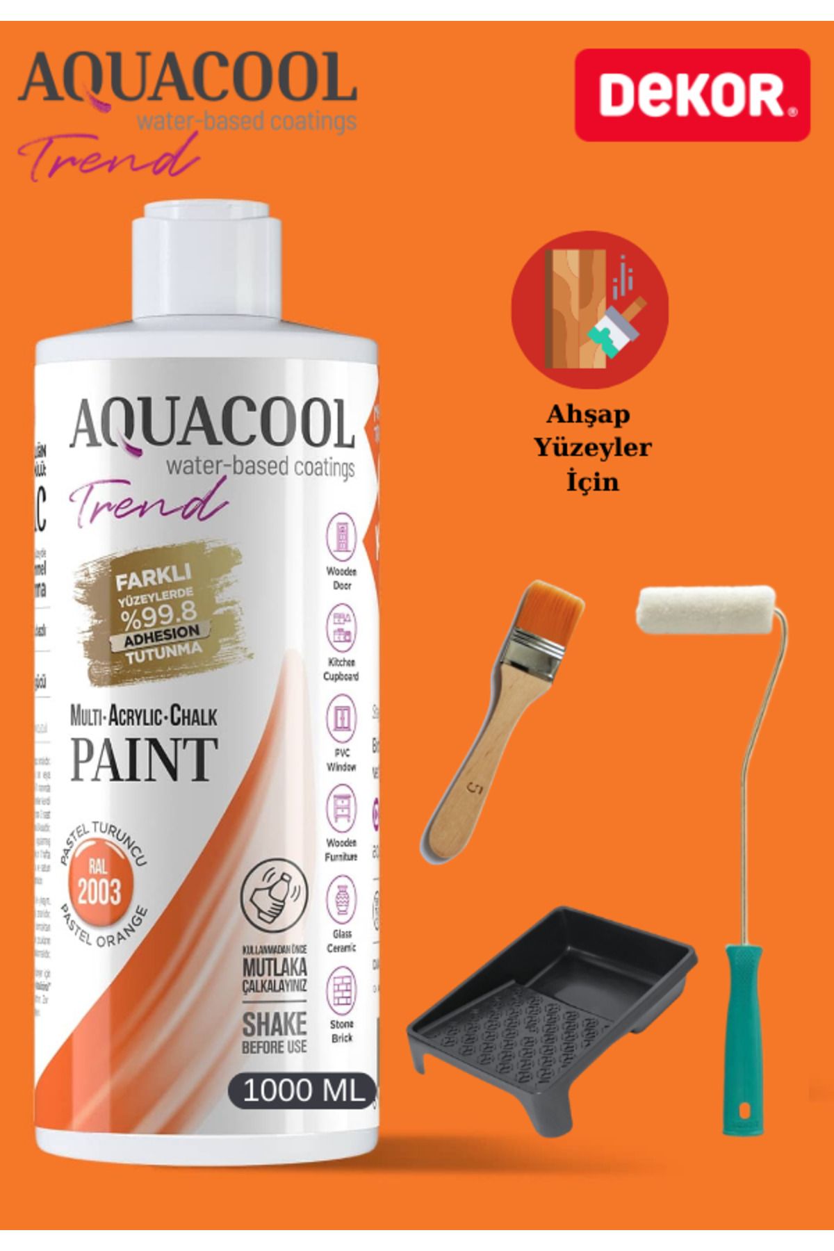 Aquacool Trend Aquacool 1000 ml Ahşap Dönüşüm Boyama Seti Kadife Rulo, Boyacı Tavası, Fırça Ral 2003 Dolap Boyası
