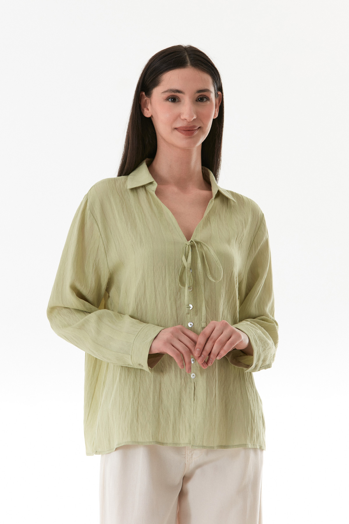 Fullamoda  Önü Bağlamalı Düğmeli Salaş Gömlek - Görsel 3