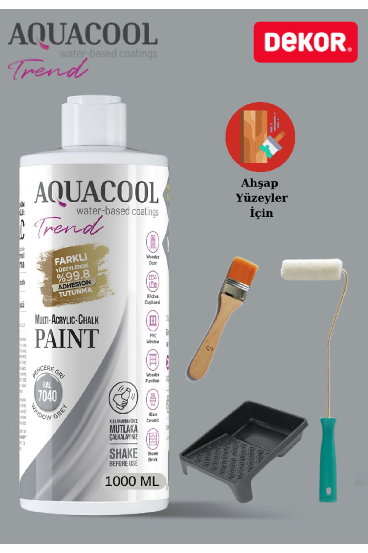 Aquacool Trend Aquacool 1000 ml Ahşap Dönüşüm Boyama Seti Kadife Rulo, Boyacı Tavası, Fırça Ral 7037 Dolap Boyası