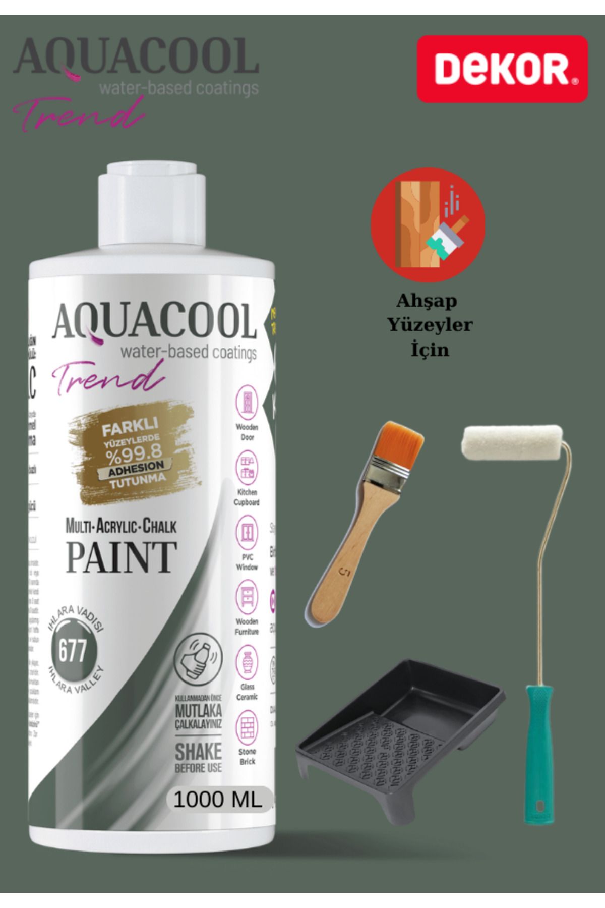 Aquacool Trend Aquacool 1000 ml Ahşap Dönüşüm Boyama Seti Kadife Rulo, Boyacı Tavası, Fırça Ihlara Vadi Dolap Boya