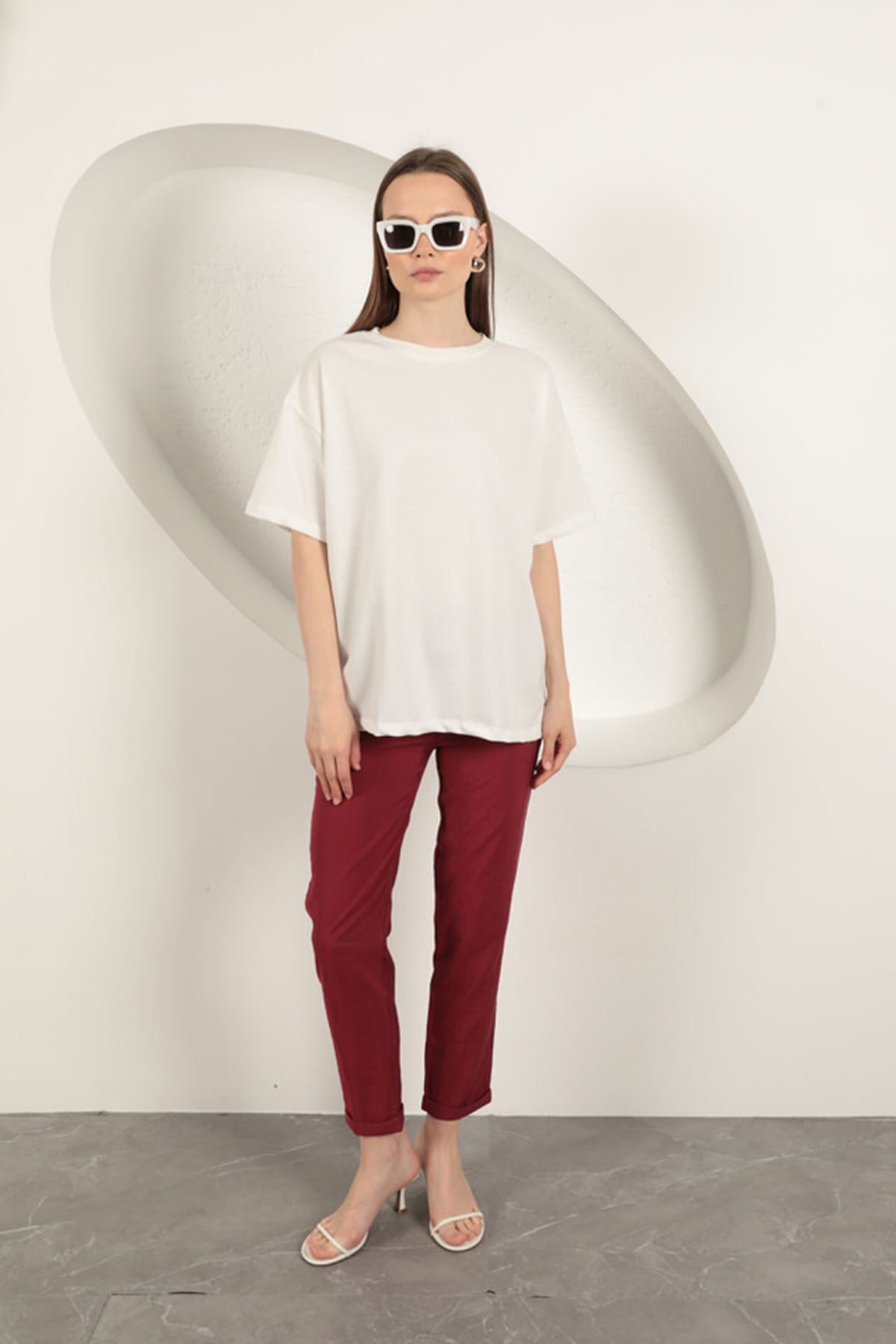 Kaktüs Moda Sıfır Yaka Oversize İki İplik Tişört-Siyah